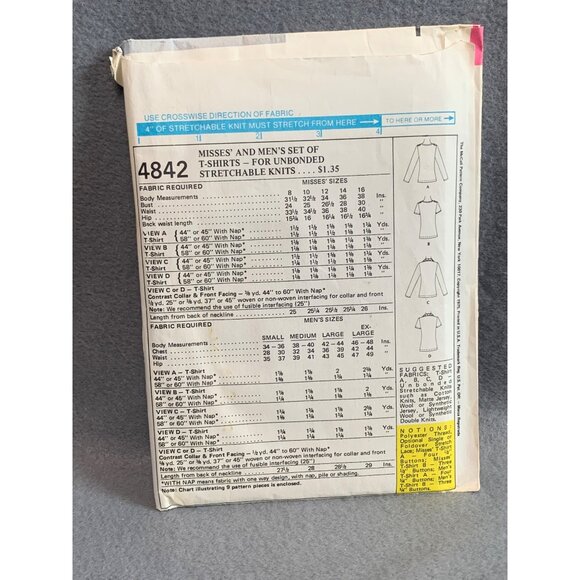 McCalls 4842 Carefree Patterns Misses & Men's Stretch Knit T-Shirts Sz L uncut - Picture 2 of 2
